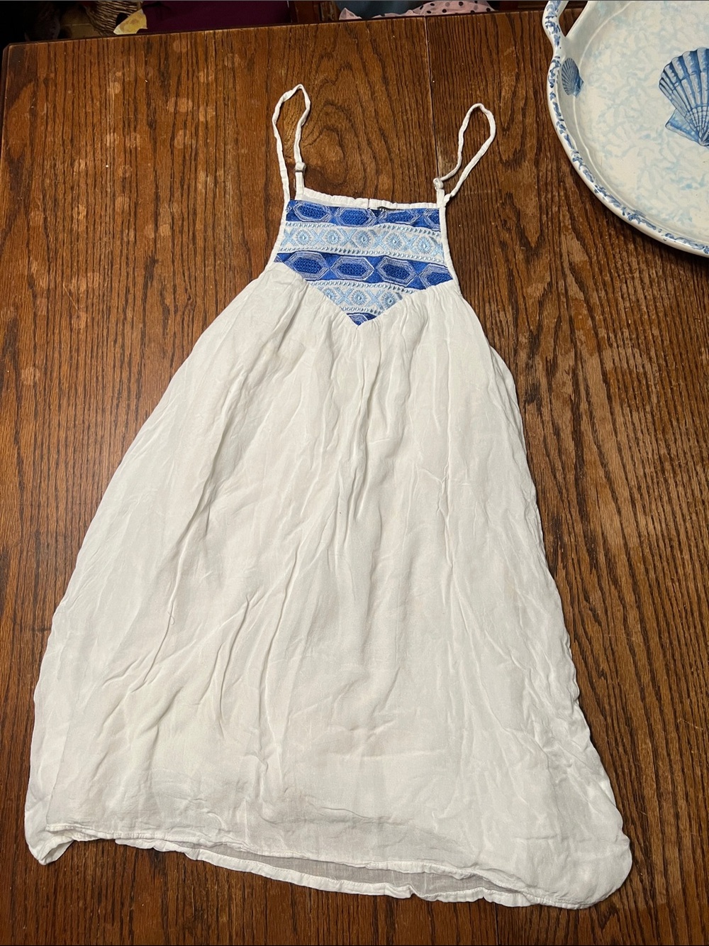 EARTHBOUND White Sundress with Blue Embroidered Yoke